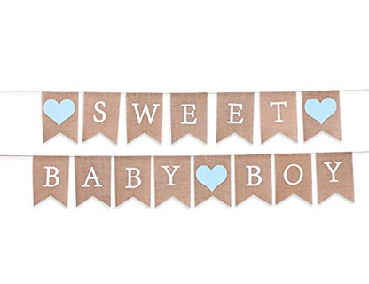 Sweet Baby Boy Burlap Banner - Rustic Baby Shower Decorations, Photo Props (Sweet Baby Boy Blue) - color: Sweet Baby Boy Blue