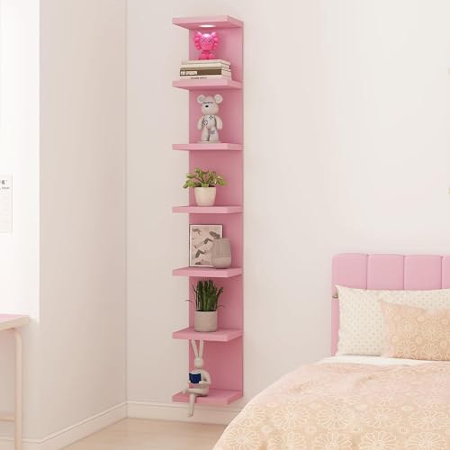 LitaEther Versatile 7 Tier Wall Shelf Unit,Pink Lack Wall Shelf,Display Floating Shelf with LED Remote Control Light - color: Pink, size: 7 Tier