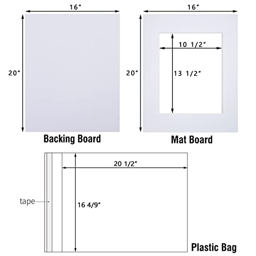 Falling in Art 5 Pack Acid Free 16x20'' White Picture Mats Board Show Kit for 11x14'' Pictures, 4-Ply Beveled Pre-Cut Photo Boards with Backing Board and Plastic Clear Bags - size: 16x20-5 Pack