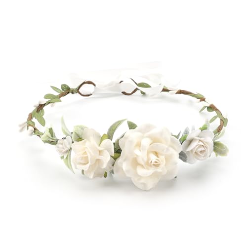 Flower Girl Flower Crown Pink Baby Girls Floral Headpieces Kids Headband Children Hair Wreath Photo Prop (White-Child Size) - color: White