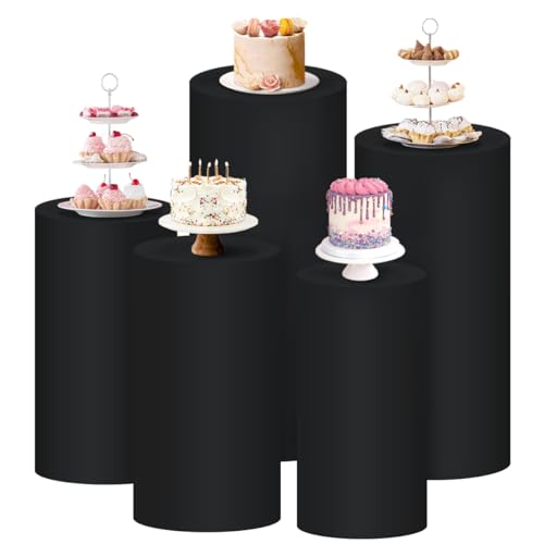 Socomi Cylinder Pedestal Stand Covers Spandex Flexible Display Box Stand Covers for Birthday Party Wedding Baby Shower Decoration- Only Stand Covers Included Set of 5 Black - color: Black, size: Set of 5