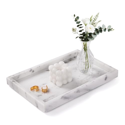 Bathroom Tray for Countertop, Marble Perfume Tray for Dresser Organizer, Marble Tray for Bathroom Counter & Home Decor, Natural Decorative Stone Vanity Trays, 12" x 8", Starry White - color: Starry White