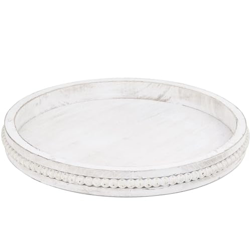Round Wood Serving Tray with Beads, White Washed Wooden Decorative Tray for Entertaining, Decoration, and Gifting - color: Washedwhite Y1, size: 13"