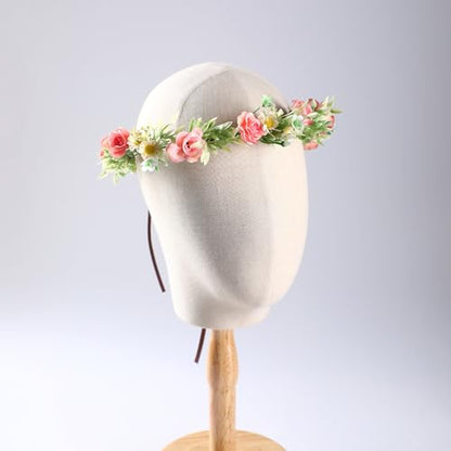 Handmade Fairy Flower Crown - Fashion Pink Flower Headband Mini Rose Hair Wreath Women Girls Floral Headpiece for Wedding Festival Halloween Cosplay - color: Pink Green