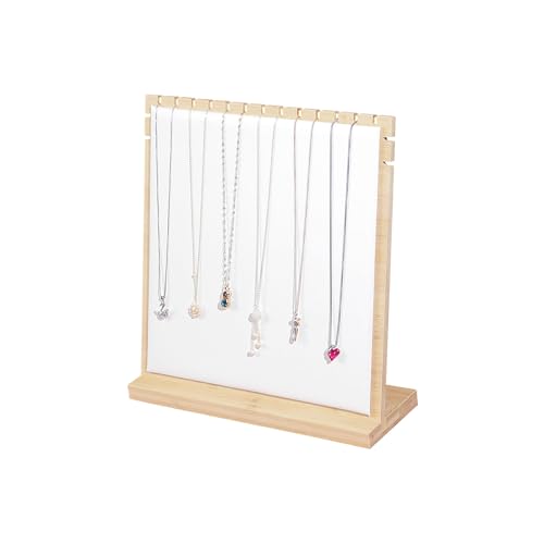 Bamboo Necklace Display Stand, Wood Jewellery Necklace Holder, Chain Jewelry Rack Organizer, Tabletop Display Boards for Home or Shop Sell Show (White PU) - color: White PU, size: Medium Size(10.8"X11.8")