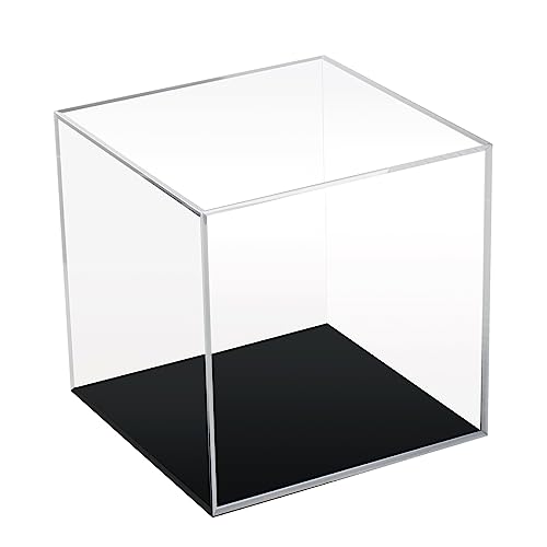 Clear Acrylic Simple Self-Assembly Display Box with Black Base, Removable Figures Toys Props Display Riser Stand, Cube Countertop Decorative Storage Box for Home Organization, 5x5x5Inch