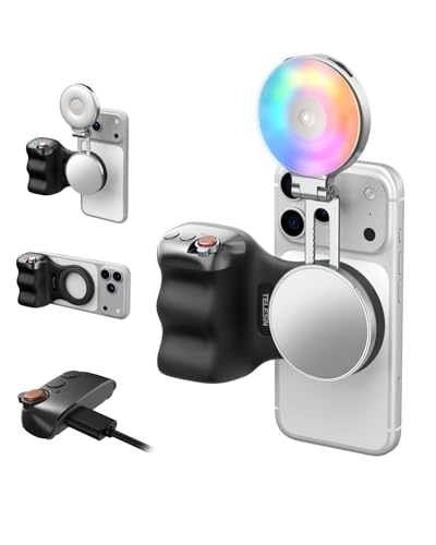 TELESIN Fun Shot Magnetic Phone Camera Grip (B)+ 4 in 1 Magnetic RGB Selfie Light Creator Kit Compatible with iPhone Magsafe & Android, Bundle Kit for Selfies/Photography/TikTok/Zoom Calls/Video - color: Black Grip + RGB Light