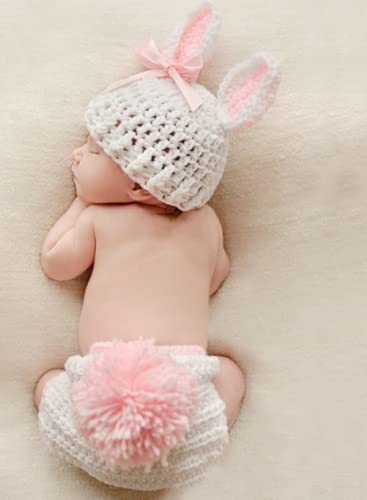 Newborn Baby Bunny Rabbit Crochet Knitted Photography Props Newborn Baby Outfits Diaper Costume - color: White