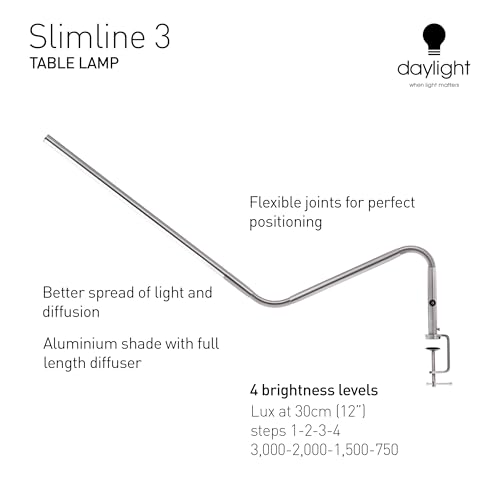 Daylight Company, LLC U35108 Slimline 3 Table Lamp-LED-80 CRI-Eye Care-4 Brightness Levels, 3,000 LUX at 30 cm, 1,065 LUMENS-4 Step DIMMER Mode, Brushed Steel, 25.6 x 30 x .8 - color: White, size: Table Lamp, style: Slimline 3