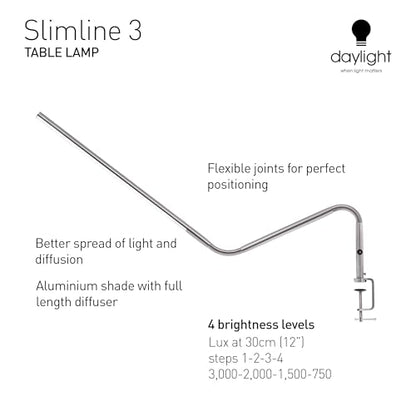 Daylight Company, LLC U35108 Slimline 3 Table Lamp-LED-80 CRI-Eye Care-4 Brightness Levels, 3,000 LUX at 30 cm, 1,065 LUMENS-4 Step DIMMER Mode, Brushed Steel, 25.6 x 30 x .8 - color: White, size: Table Lamp, style: Slimline 3