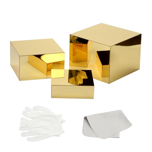 Acrylic Mirror Display Riser, 3 Pcs Glossy Gold Risers for Display Food Display Lifter Nesting Display Risers Hollow Bottom, Acrylic Box Rack Perfume Cosmetics Collection Stand - color: Gold