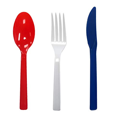Party Essentials Patriotic Assortment Hard Plastic Combo Pack, Disposable Cutlery Sets, 102 Pieces/ 34 Place, Red/White/Blue - size: 102 Pieces/ 34 Place Settings