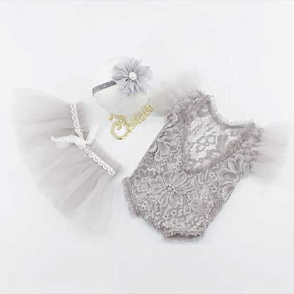 Newborn Photography Outfits Girl Baby Photo Tutu Dress Newborn Photoshoot Romper Baby Picture Lace Outfit - color: Grey6