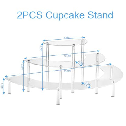 HENABLE Acrylic Display Risers, 3 Tier Clear Cupcake Perfume Stand Organizer, Half Moon Dessert Stand for Display, Food, Amiibo Funko POP Figure (2half