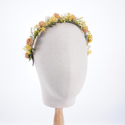Yellow Flower Crown Headband - Rose Flower Headband Renaissance Fairy Floral Headpiece for Women Girls Weeding Birthday Party Cosplay Photo Prop - color: Yellow