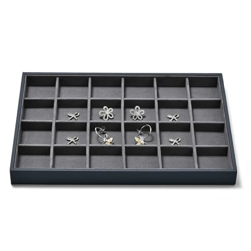 24 Grids Grey Jewelry Organizer Tray Grey Microfiber Jewelry Ring Earrings Display Organizer Tray - size: 24 Grid