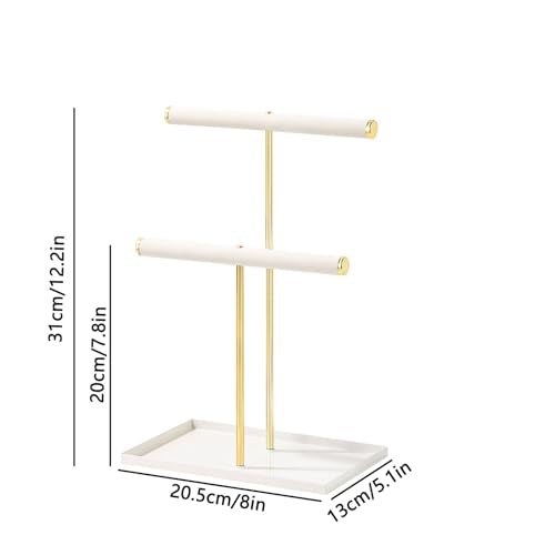 2 Tier Necklace Bracelet Holder Stand, Multi-Use Jewelry Display Organizer with Metal Tray, Velvet T-Bar Metal Necklace Organizer Stand, Jewelry Hanger Tower Rack for Men Women (Gold 12" Tall) - color: Gold