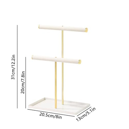 2 Tier Necklace Bracelet Holder Stand, Multi-Use Jewelry Display Organizer with Metal Tray, Velvet T-Bar Metal Necklace Organizer Stand, Jewelry Hanger Tower Rack for Men Women (Gold 12" Tall) - color: Gold