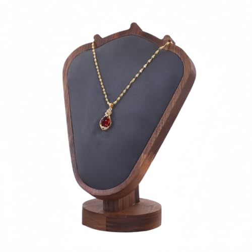 Walnut Color Body Wood Necklace Display Stand with Gray Flannelette Soft Mat Necklace Holder Organizer Desktop Stand for Home Store Dresser-4.45"x8.4"x12" - color: Walnut-Gray, size: 4.45"x8.4"x12"