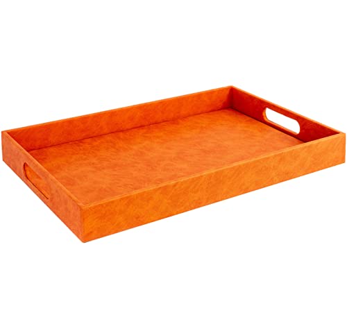 Home Redefined Beautiful Modern Elegant 17.5"x12" Rectangle Orange Faux Leather Decorative Tray Ottoman Coffee Table Perfume Living Room Kitchen Serving Tray with Handles for All Occasion's - color: Orange Leather