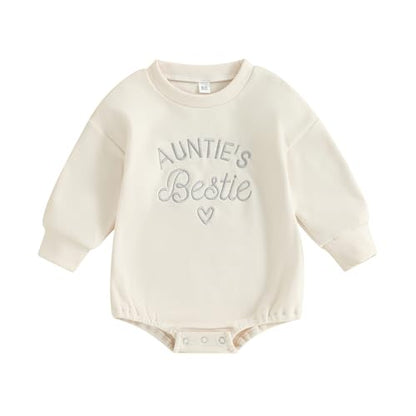 VISGOGO Newborn Infant Baby Boy Girls Oversized Romper Little Dude Sweater Onesie Coming Home Outfit Neutral Clothes - color: Beige-aunties Bestie, size: 0-3 Months