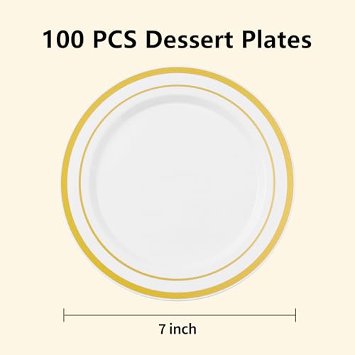 BESTSTAR 7 Inch White with Gold Rim Plastic Plates,100PCS Disposable Dessert/Appetizer/Small Cake Plates,Heavy Duty Plate Ideal for Wedding and Birthday - color: White Gold, size: 7 inch