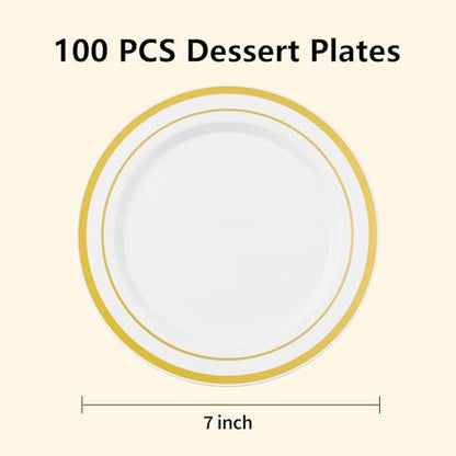 BESTSTAR 7 Inch White with Gold Rim Plastic Plates,100PCS Disposable Dessert/Appetizer/Small Cake Plates,Heavy Duty Plate Ideal for Wedding and Birthday - color: White Gold, size: 7 inch