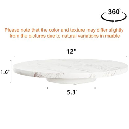 DEAYOU Marble Lazy Susan, Natural Marble Round Tray Turntable Cake Stand, 12" Lazy Susan Cheese Board with Silent Rotating for Serving, Table Display, Cupcake, White, Revolving Cake Leveler Spinner