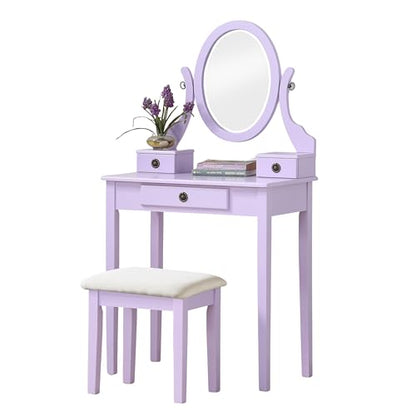 Roundhill Furniture Moniys Wood Moniya Makeup Vanity Table and Stool Set, Purple - color: Purple