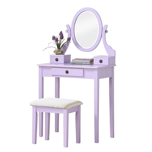 Roundhill Furniture Moniys Wood Moniya Makeup Vanity Table and Stool Set, Purple - color: Purple