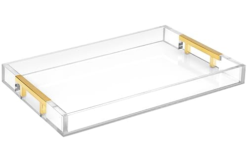 Modern 16"x12" Rectangle Acrylic Lucite Plastic Decorative Serving Tray with Gold Polished Stainless Steel Metal Handles Home Decor Ottoman Coffee Table Makeup Perfume Display Vanity By Home Redefined - color: Clear/Gold