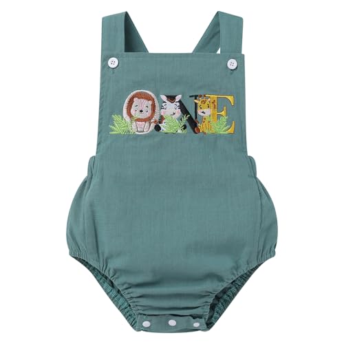 IMEKIS Baby Girls Boys Boho 1st Birthday Outfit Backless Overalls Romper for Cake Smash Photo Shoot - color: Green Animals One, size: 9-12 Months