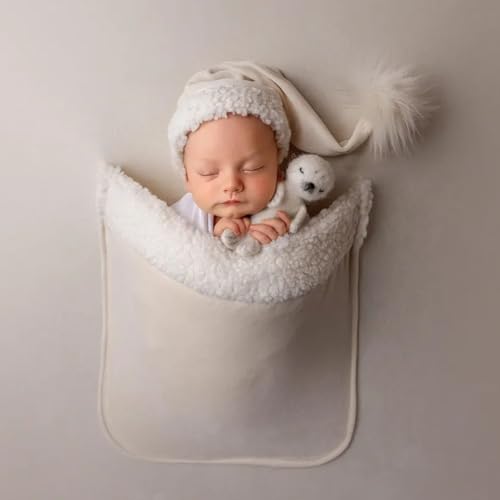 Zeroest Newborn Photography Blanket with Pocket & Santa Hat - Newborn Photoshoot Props - Boys & Girls Posing Stretch Fabric Beanbag Cover 47.2" x 39.3" (Light Beige) - color: Light Beige
