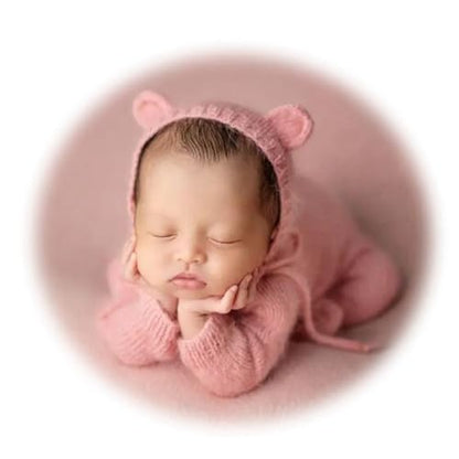 2Pcs Newborn Photography Props Boy Photo Posing Outfits Baby Photoshoots Girl Crochet Bear Hat Romper - color: Pink