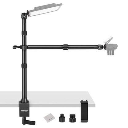 NEEWER Desk Stand with 2 Telescopic Boom Arms Phone Holder for Mic Camera Webcam Ring Light, Desktop Overhead Microphone Mount with C Clamp, Ball Heads, Screw Adapter, Cleaning Cloth, TL253A+DS001 - style: TL253A+DS001 w/Cleaning Cloth