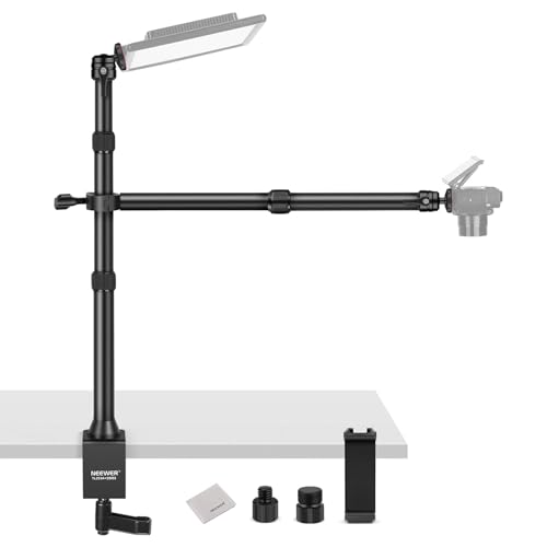 NEEWER Desk Stand with 2 Telescopic Boom Arms Phone Holder for Mic Camera Webcam Ring Light, Desktop Overhead Microphone Mount with C Clamp, Ball Heads, Screw Adapter, Cleaning Cloth, TL253A+DS001 - style: TL253A+DS001 w/Cleaning Cloth