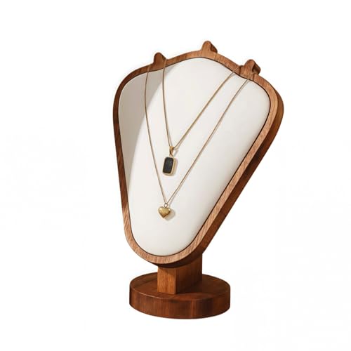 Walnut Color Body Wood Necklace Display Stand with White Leather Soft Mat Necklace Holder Organizer Desktop Stand for Home Store Dresser-3.3"x5.8"x8.4" - color: Walnut-White, size: 3.3"x5.8"x8.4"