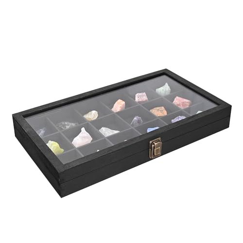 MOOCA Wooden Jewelry Display Case with Tempered Glass Lid & 18 Compartments Tray, Rock Collection Box, Crystal Display Case, Black Color - color: Black