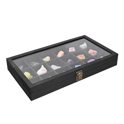 MOOCA Wooden Jewelry Display Case with Tempered Glass Lid & 18 Compartments Tray, Rock Collection Box, Crystal Display Case, Black Color - color: Black
