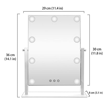 HIEEY Hollywood Vanity Mirror with Lights, Makeup 9 Dimmable Bulbs Three Color Lighting Modes, and 5X Magnification Mirror, Smart Touch Control, 360°Rotation (White) - style: 14.1"L x 11.4"W (9 Bulbs)