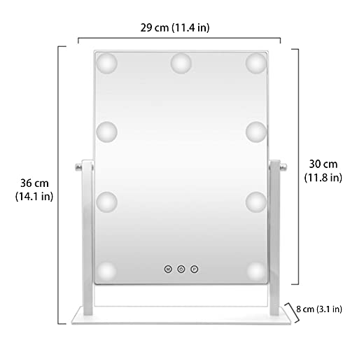HIEEY Hollywood Vanity Mirror with Lights, Makeup 9 Dimmable Bulbs Three Color Lighting Modes, and 5X Magnification Mirror, Smart Touch Control, 360°Rotation (White) - style: 14.1"L x 11.4"W (9 Bulbs)