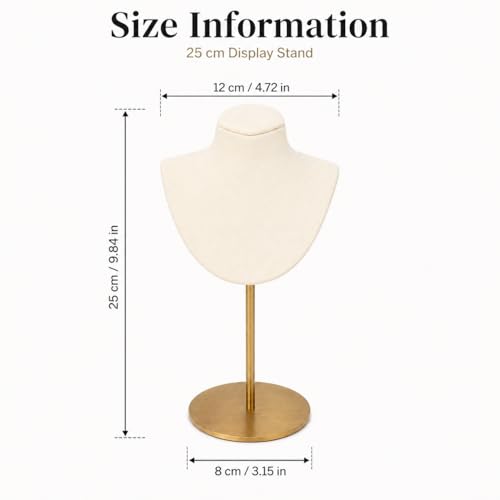 Necklace Display Stand For Selling Velvet Chain Jewelry Bust Holder Organizer With Stainless Steel Stand Jewelry Display - color: Beige-White-9.84in