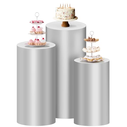 Socomi Cylinder Pedestal Stand Covers Spandex Flexible Display Box Stand Covers for Birthday Party Wedding Baby Shower Decoration- Only Stand Covers Included Set of 3 Silver - color: Silver, size: Set of 3