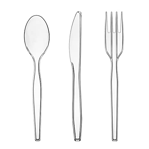 Party Essentials Medium Weight Plastic Cutlery Combo Set, Includes Knives/Forks/Spoons, 300 Pieces/100 Place Settings, Clear - color: Clear