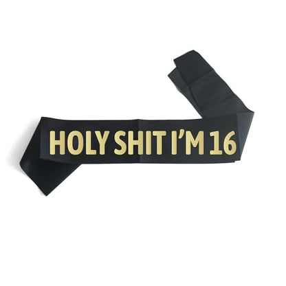 Happy 16th Black Gold Glitter Sash - Level 16 Sweet 16 Sash - Funny 16th Birthday Party Supplies Decoration Favors for Teens