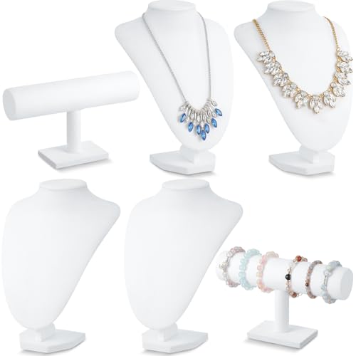 Huquary 6 Pcs Velvet Jewelry Display Set Necklace Display Stand T Bar Bracelet Holder Jewelry Bust for Home Store Trade Show(White) - color: White