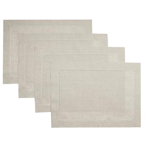 D'Moksha Homes Linen Placemats Set of 4 - Classic Hemstitch Natural Placemats 14 x 19 Inch - 100% Pure Linen Table Mats for Spring - Handcrafted and Machine Washable - color: 01 - Natural