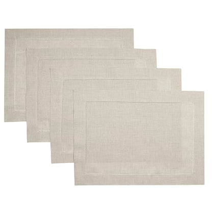 D'Moksha Homes Linen Placemats Set of 4 - Classic Hemstitch Natural Placemats 14 x 19 Inch - 100% Pure Linen Table Mats for Spring - Handcrafted and Machine Washable - color: 01 - Natural