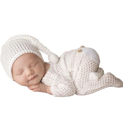 Newborn Baby Photo Shoot Props Girl Boy Crochet Knit Hat Costume Stripe Hat Pants Overalls Photography Props - color: Off-white