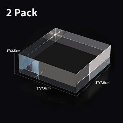 Acrylic Square Display Block, 2 Pieces 3 x 3 x 1 Inches Edge Polished Clear Display Pedestal Display Base